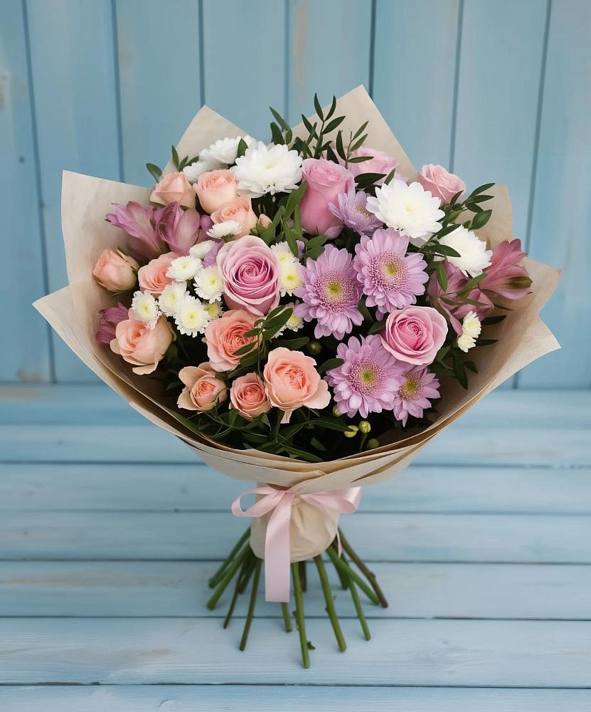 Букет цветов из: Хризантемы, Розы и Альстромерии в Среднеуральске