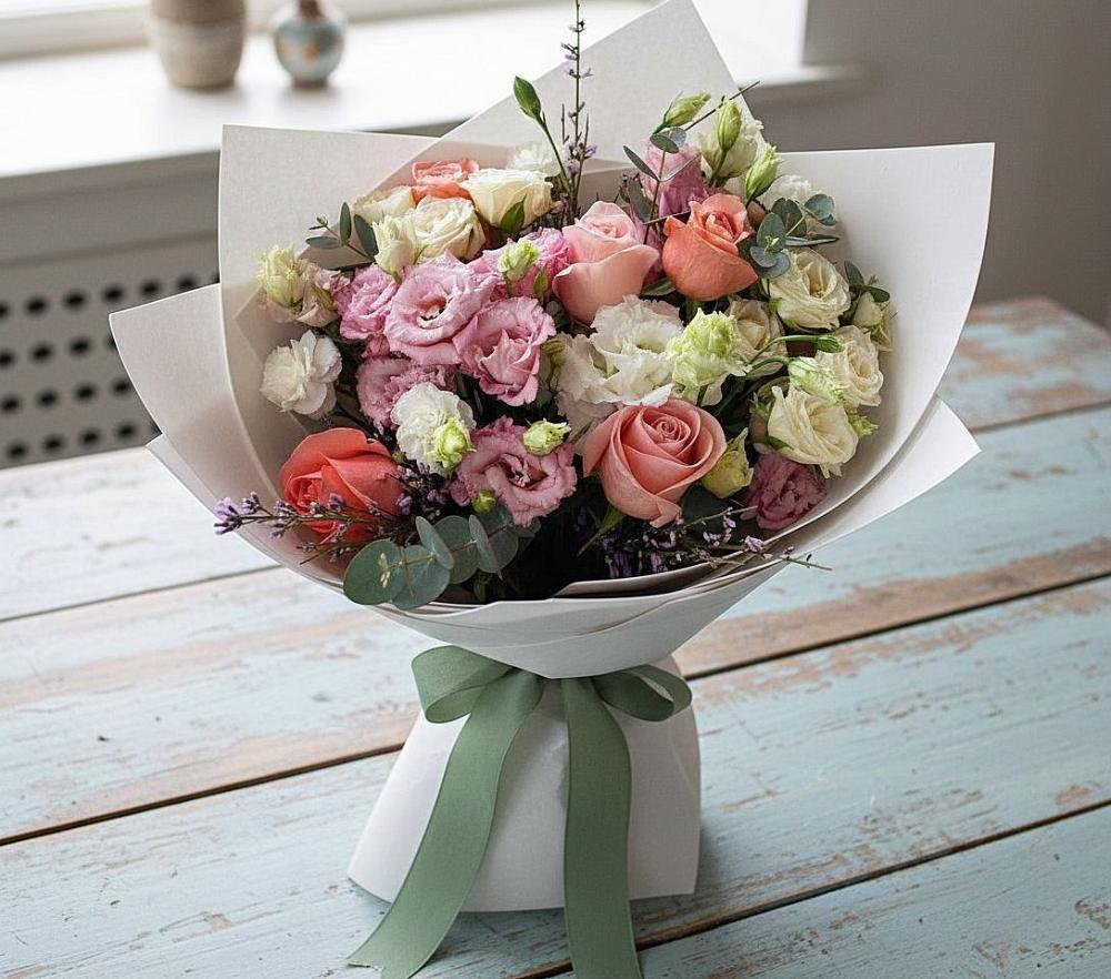 Букет цветов из: Розы, Лизиантусы и Гвоздики в Среднеуральске