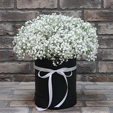 Цветочная композиция из Гипсофила в шляпной коробке в Среднеуральске