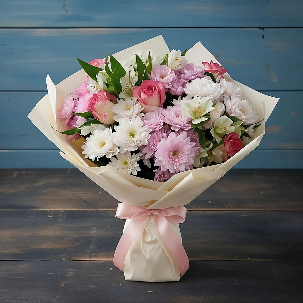 Букет цветов из: Хризантемы, Альстромерии и Розы в Среднеуральске